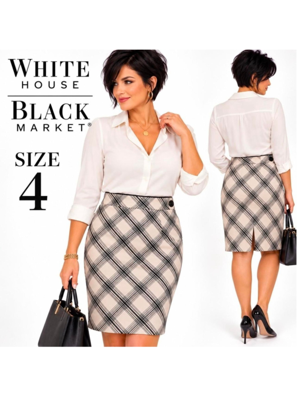 White House Black Market Plaid Pencil Skirt Size 4 Black White Office Career